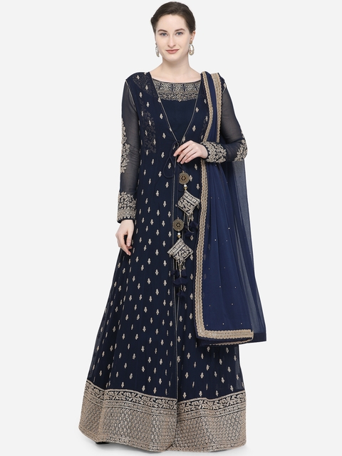 Stylee LIFESTYLE Navy Blue & Gold-Coloured Poly Georgette Semi-Stitched Dress Material