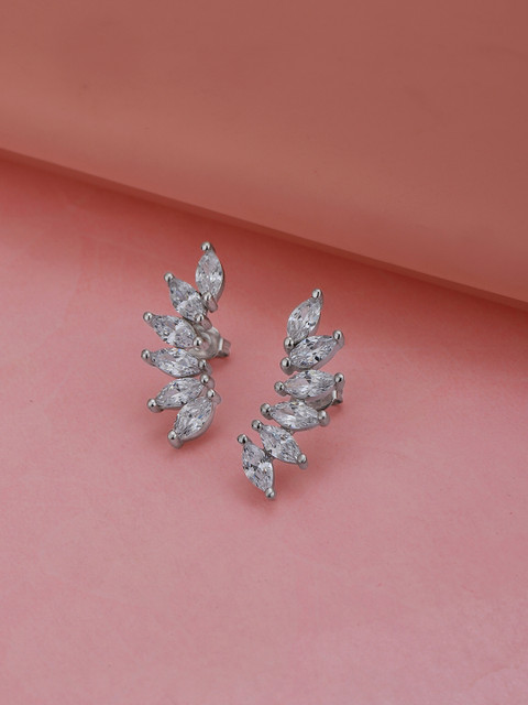 Carlton London Silver-Toned Rhodium-Plated CZ Studded Contemporary Drop Earrings