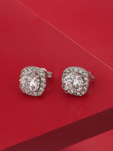 Carlton London Rhodium-Plated Cubic Zirconia Studded Square Shaped Studs