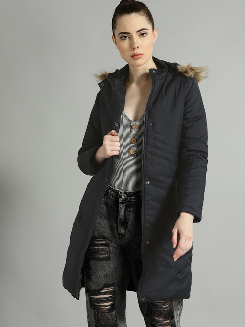 The Roadster Lifestyle Co Women Navy Blue Solid Parka Jacket with Detachable Hood