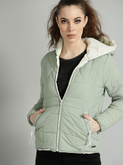 The Roadster Lifestyle Co Women Sea Green Solid Padded Hooded Jacket