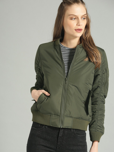 The Roadster Lifestyle Co Women Olive Green Solid Bomber Jacket