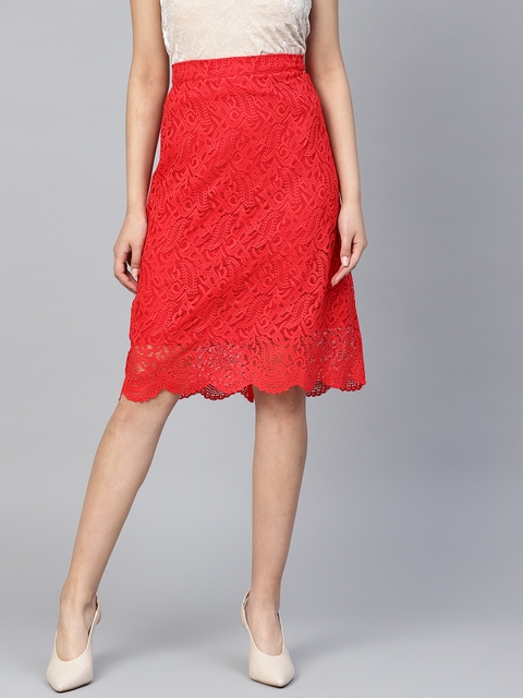 Athena Women Red Lace A-Line Skirt