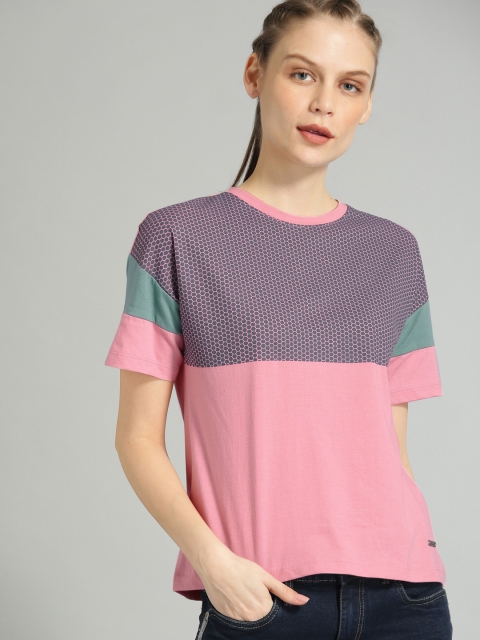 Roadster Women Pink Blue Printed Round Neck Pure Cotton T-shirt
