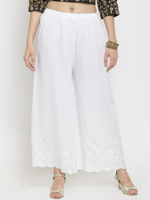 Clora Creation Women White Embroidered Flared Palazzos