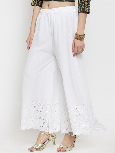 Clora Creation Women White Embroidered Flared Palazzos - Image 2