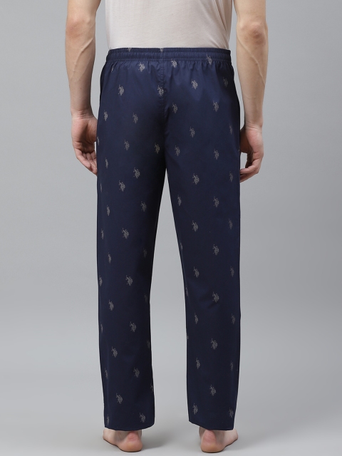 U.S. Polo Assn. Men Navy Blue & Grey Brand Logo Print Pure Cotton Lounge Pants - Image 4