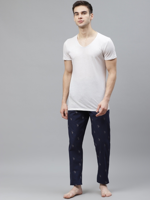 U.S. Polo Assn. Men Navy Blue & Grey Brand Logo Print Pure Cotton Lounge Pants - Image 5