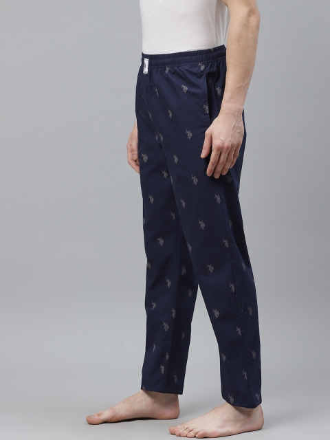 U.S. Polo Assn. Men Navy Blue & Grey Brand Logo Print Pure Cotton Lounge Pants - Image 3