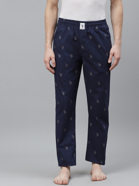 U.S. Polo Assn. Men Navy Blue & Grey Brand Logo Print Pure Cotton Lounge Pants - Image 2