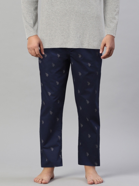 U.S. Polo Assn. Men Navy Blue & Grey Brand Logo Print Pure Cotton Lounge Pants - Image 8