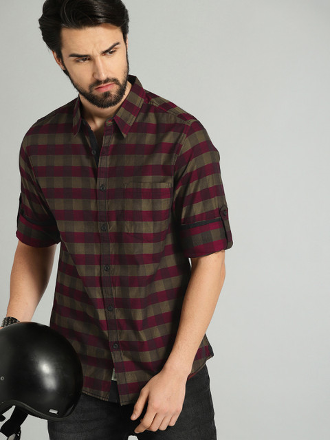 Roadster Men Maroon \u0026 Olive Green 