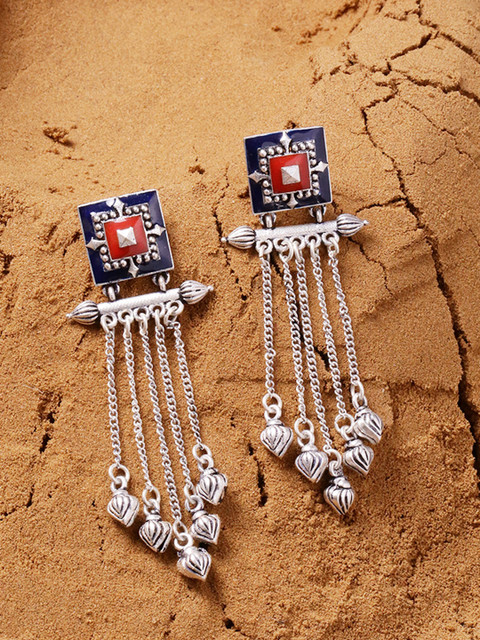 Voylla Silver-Toned Contemporary Drop Earrings