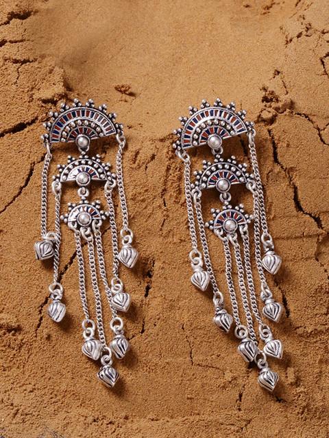 Voylla Silver-Plated Oxidised Contemporary Drop Earrings