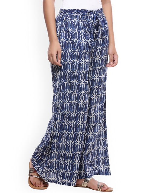 SOUNDARYA Women Blue & White Printed Straight Palazzos - Image 2