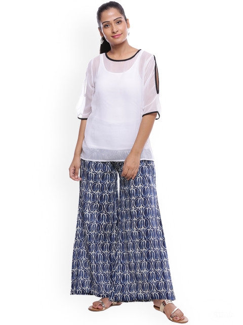 SOUNDARYA Women Blue & White Printed Straight Palazzos - Image 5