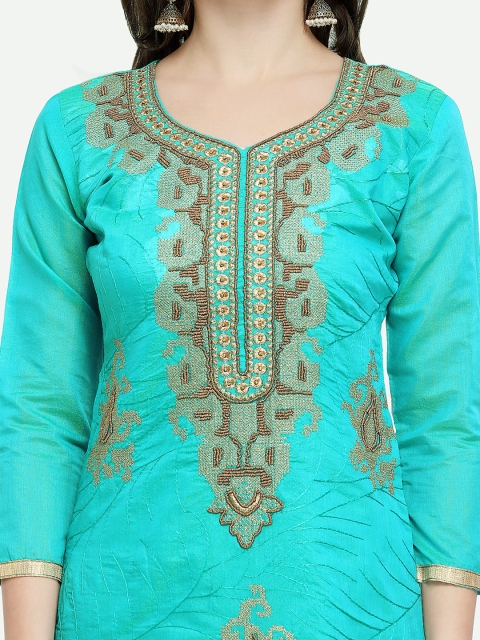 Blissta Turquoise Blue Cotton Blend Unstitched Dress Material - Image 2