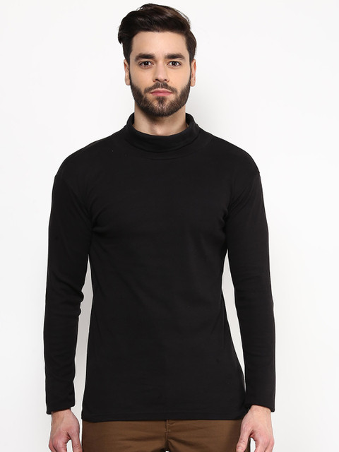 Hypernation Men Black Solid Turtle Neck T-shirt