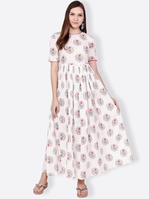 SCORPIUS Women Off-White Printed Fit and Flare Dress