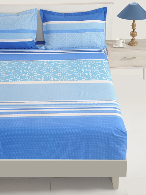 SWAYAM Blue & White Striped Flat 144 TC Cotton 1 Queen Bedsheet with 2 Pillow Covers - Image 2