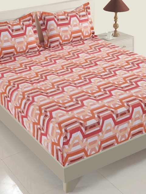 SWAYAM Peach-Coloured Geometric Fitted 144 TC Cotton 1 King Bedsheet with 2 Pillow Covers - Image 2