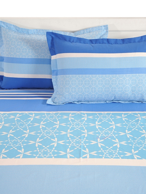 SWAYAM Blue & White Striped Flat 144 TC Cotton 1 Queen Bedsheet with 2 Pillow Covers - Image 3