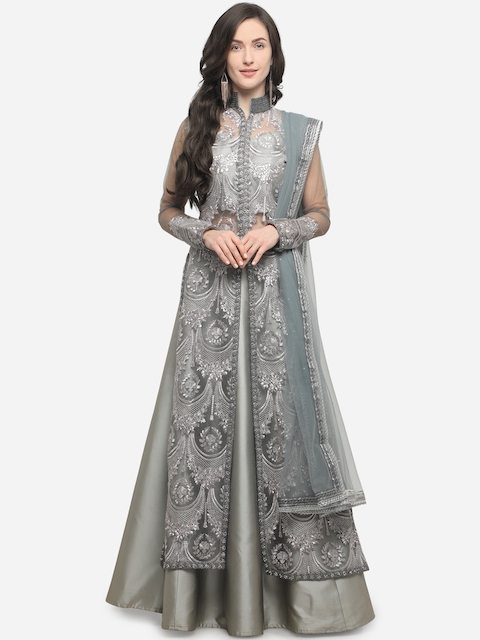 Stylee LIFESTYLE Grey & Silver-Toned Net Semi-Stitched Dress Material