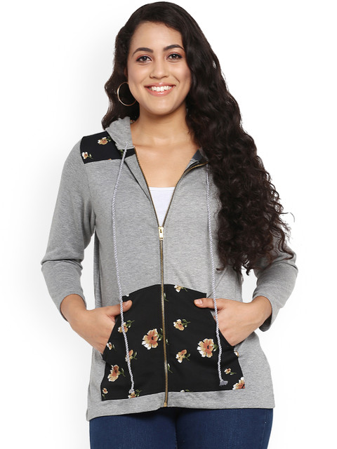 Qurvii Plus Size Women Grey Black Solid Hooded Sweatshirt