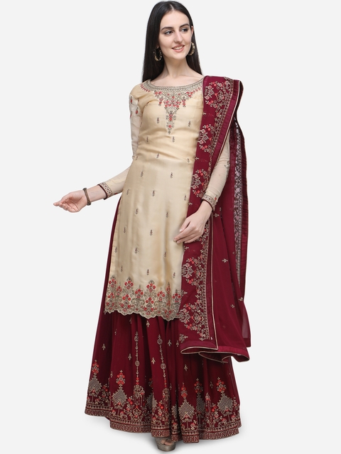 Stylee LIFESTYLE Beige & Maroon Satin Semi-Stitched Dress Material