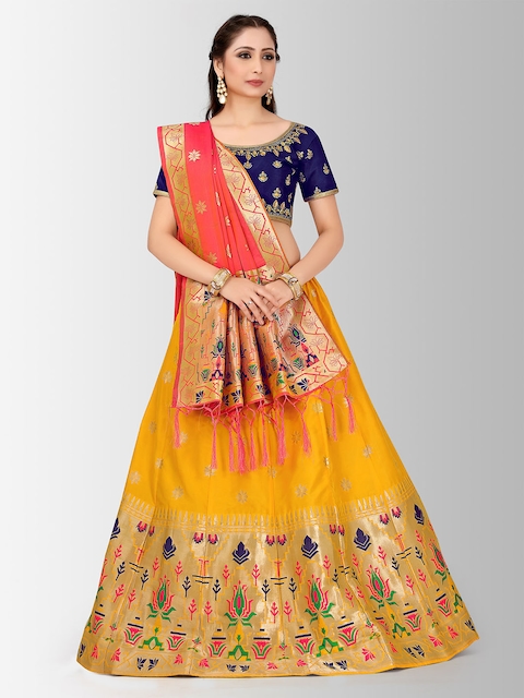 MIMOSA Navy Blue & Yellow Embroidered Semi-Stitched Lehenga & Blouse with Dupatta