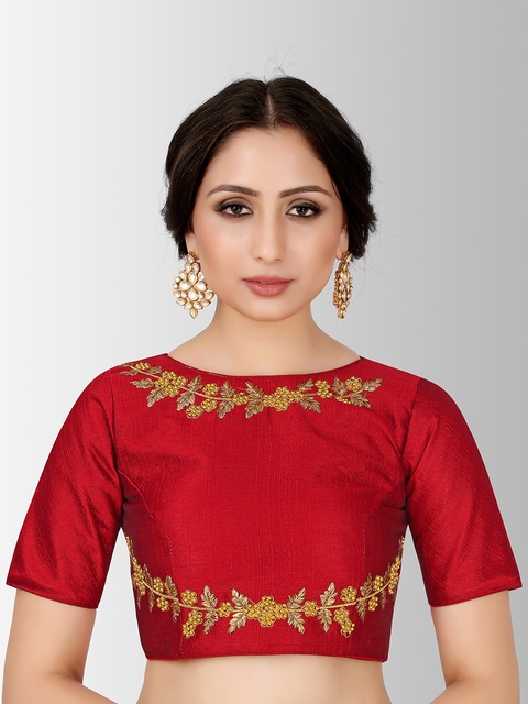 MIMOSA Women Red Embroidered Silk Saree Blouse