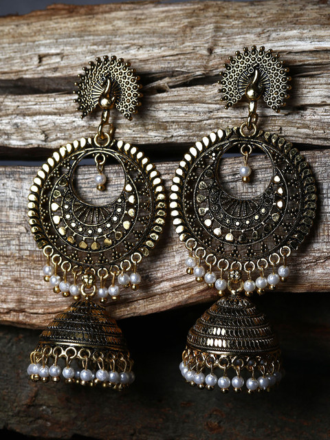 ANIKAS CREATION Gold Plated & Black Crescent Shaped Enamelled Jhumkas