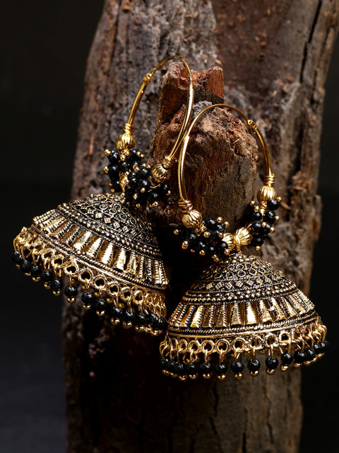 ANIKAS CREATION Black & Gold-Plated Enamelled Dome Shaped Jhumkas