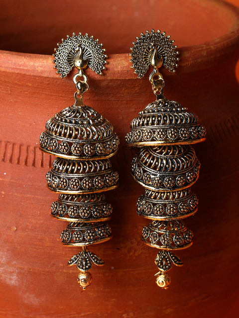 ANIKAS CREATION Black & Gold-Plated Enamelled Dome Shaped Jhumkas