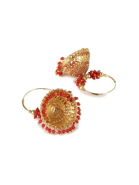 ANIKAS CREATION Red & Gold-Plated Enamelled Dome Shaped Jhumkas - Image 3