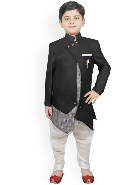 SG YUVRAJ Boys Black & White Solid Silk Sherwani