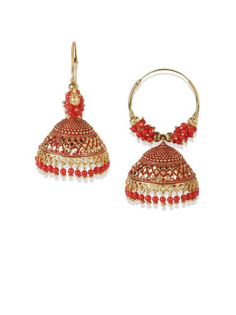 ANIKAS CREATION Red & Gold-Plated Enamelled Dome Shaped Jhumkas - Image 2