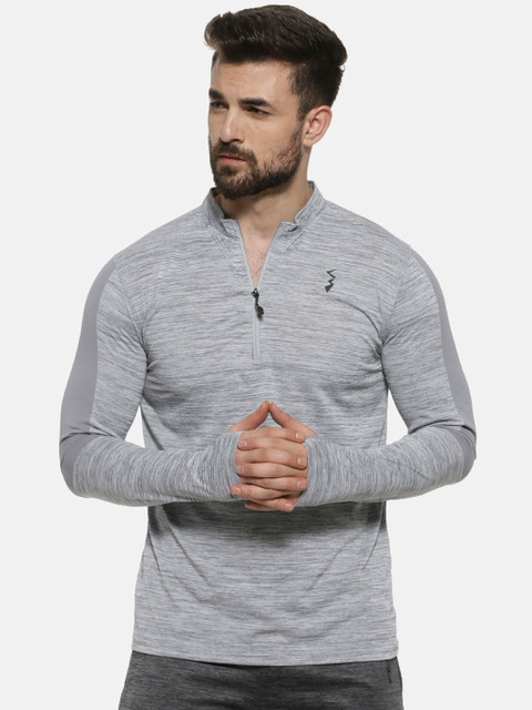 Campus Sutra Men Grey Solid Mandarin Collar T-shirt