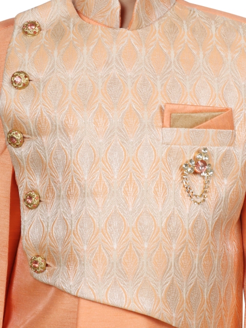 SG YUVRAJ Boys Orange & Gold-Coloured Woven-Design Woven-Design Raw-Silk Sherwani - Image 2