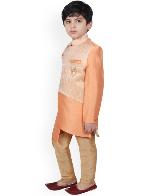 SG YUVRAJ Boys Orange & Gold-Coloured Woven-Design Woven-Design Raw-Silk Sherwani - Image 4