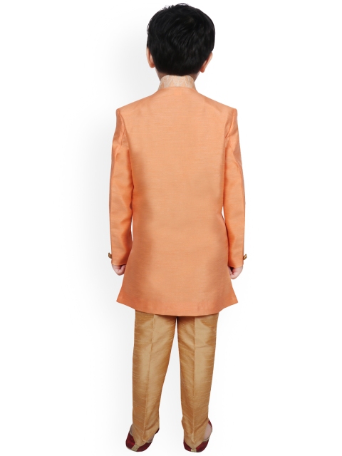 SG YUVRAJ Boys Orange & Gold-Coloured Woven-Design Woven-Design Raw-Silk Sherwani - Image 5
