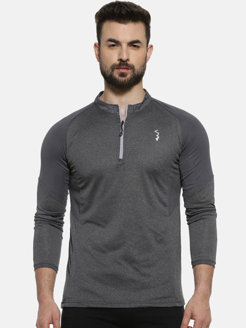 Campus Sutra Men Charcoal Grey Solid Mandarin Collar T-shirt