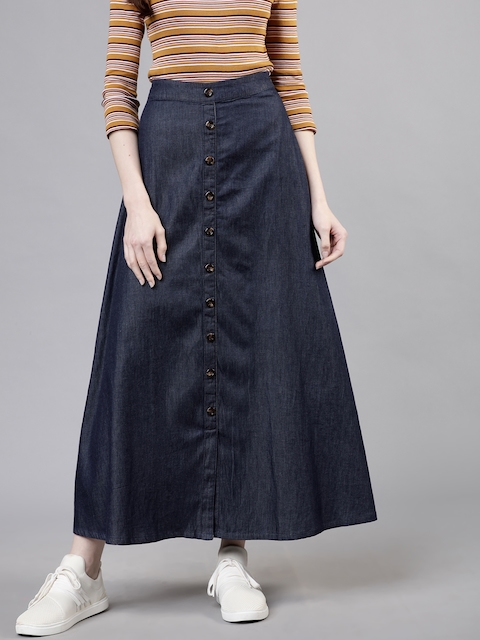 Tokyo Talkies Women Navy Blue Solid A-Line Maxi Skirt