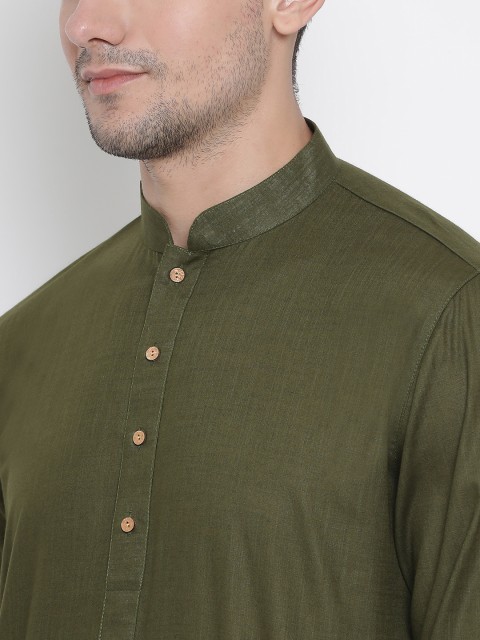 VASTRAMAY Men Olive Green Solid Straight Kurta - Image 2