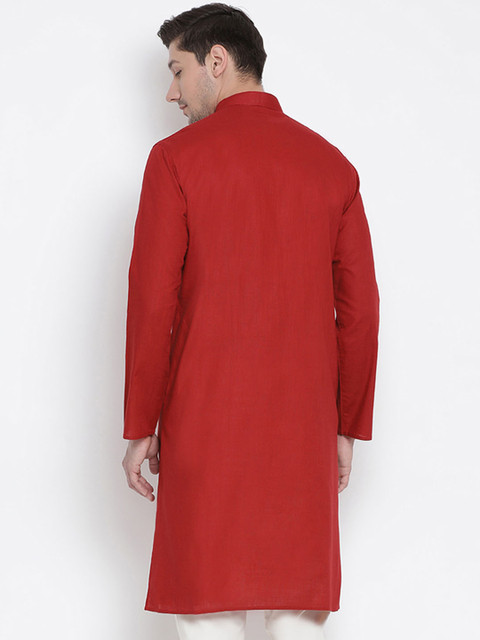 VASTRAMAY Men Red Solid Straight Kurta - Image 4