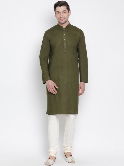 VASTRAMAY Men Olive Green Solid Straight Kurta - Image 5