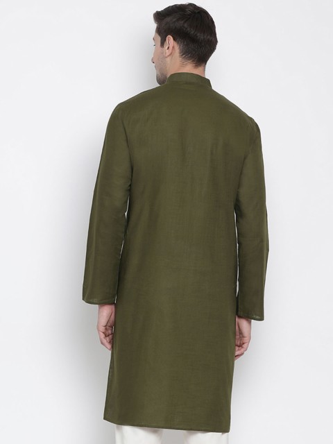 VASTRAMAY Men Olive Green Solid Straight Kurta - Image 4