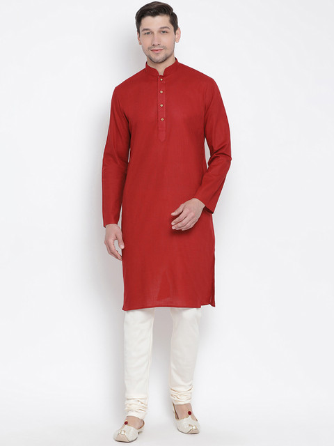 VASTRAMAY Men Red Solid Straight Kurta - Image 5