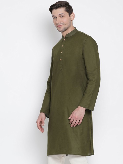 VASTRAMAY Men Olive Green Solid Straight Kurta - Image 3