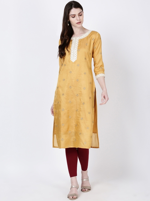 Soch Women Mustard Yellow & Off-White Embroidered Straight Kurta